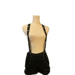 Women Shortalls Shorts Black Pockets Embellished 100% Cotton Pull Ons M Overalls